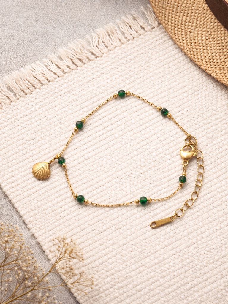 Gold Plated Shell Charm Bracelet With Green Beads